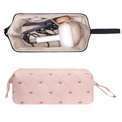 Quilted Hair Tool Travel Bag - Pink Bow, Organizer for Dyson Airwrap