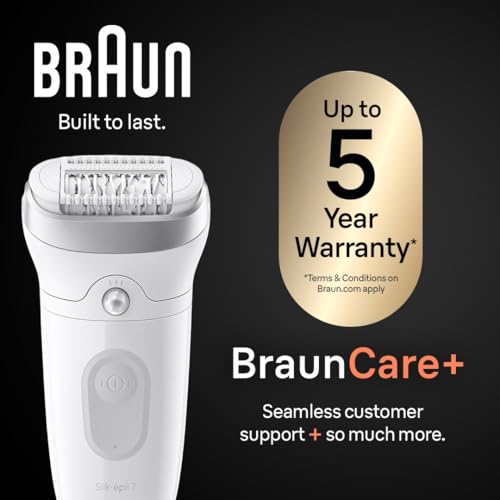 Braun Epilator Silk-?pil 7, Hair Removal Device, Women Shaver & Trimmer, Wet and Dry, Wide Head, Includes Shaver Head and Trimmer Comb, SE7-041, Silver