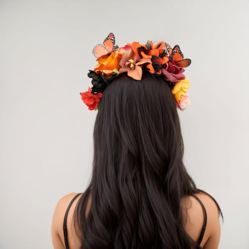Boho Butterfly Flower Crown Headband, Adjustable Floral Bridal Headpiece