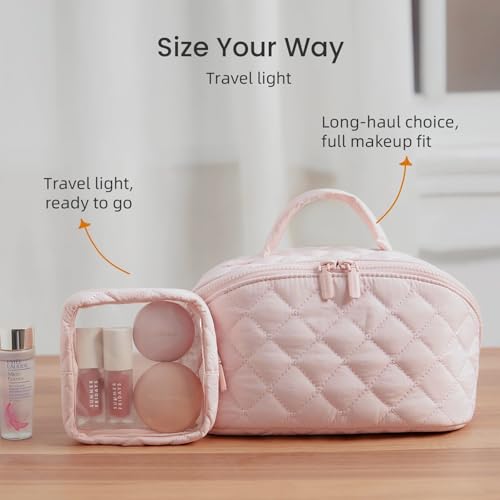 Pink Large Capacity Makeup Bag - Machine Washable Quilted Organizer