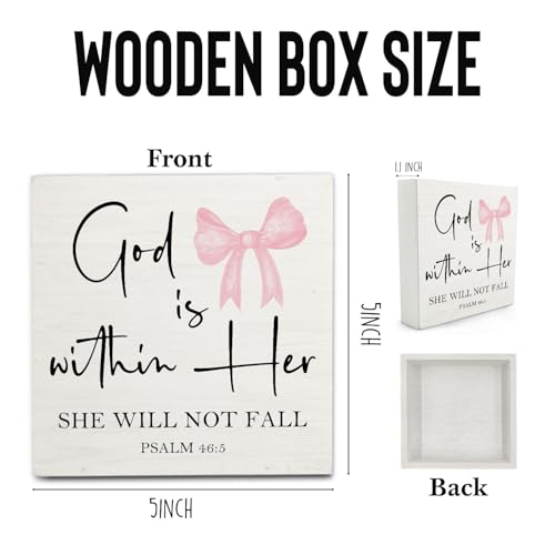 Christian Inspirational Wooden Box Sign with Pink Bow - 5x5 Inches