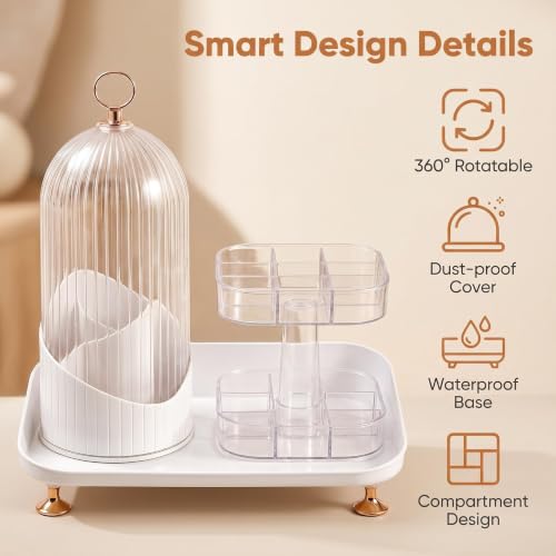 360° Rotating Makeup Brush Organizer with Lid – Acrylic Storage with 2 Trays