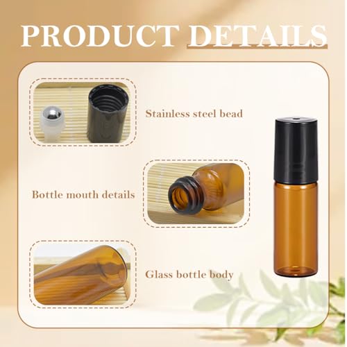 24PCS 5ml Amber Glass Roll-on Bottles with Stainless Steel Roller Balls