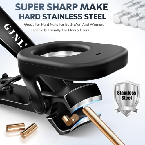 GJNL LED Nail Clippers for Men & Women - Black, Heavy-Duty, Wide-Opening, with Light