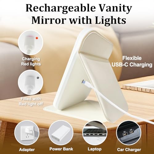 ZHUOTHAN Portable Rechargeable LED Travel Makeup Mirror with 3-Color Light