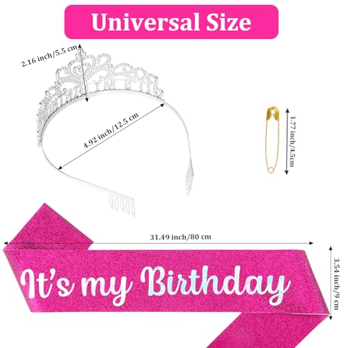 Silver & Pink Birthday Crown & Sash for Women & Girls - Party Tiara Set