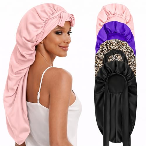 DEMAZALO Extra Large Silk Bonnet for Braids & Curly Hair - Black, Purple, Blush Pink, Leopard