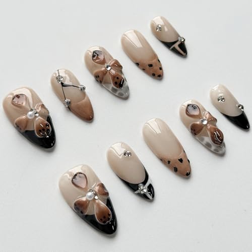 MABKJLF M-A14 Luxury Short Almond Press-On Nails with 3D Designs - Reusable Fake Nails with Rhinestones & French Tips, Glossy Brown, Thick Acrylic, Complete Nail Kit
