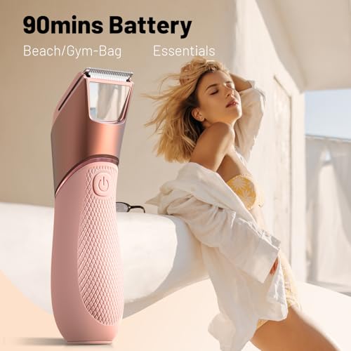 Rechargeable Bikini Trimmer for Women:Body Groomer with ???????????? & ?????? ?????????? for Shower Travel - ???????? ???????????????????? Pubic Hair Razor, Ceramic Blades, Electric Shaver - Coral