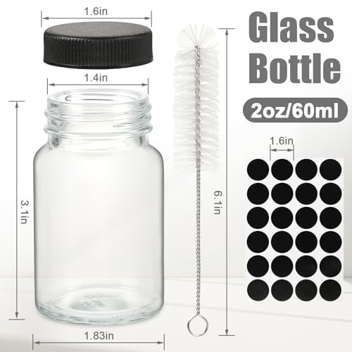 Yephets 20 Pack 2 oz Glass Shot Bottles with Black Lids & Labels - Leakproof Travel Sample Jars