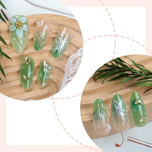 NZRAESTRS 3D Flower Nails - Green Almond Press-On Nails 30pc with 3D Beads, Butterfly & Pearl Decoration (Variation: 3D Flower Nails-2)