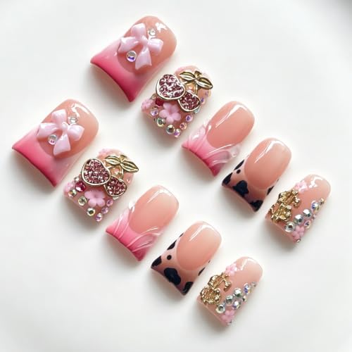 Mirreva Handmade Duck Shape Press on Nails - Y2K Pink Gradient Cherry Bow