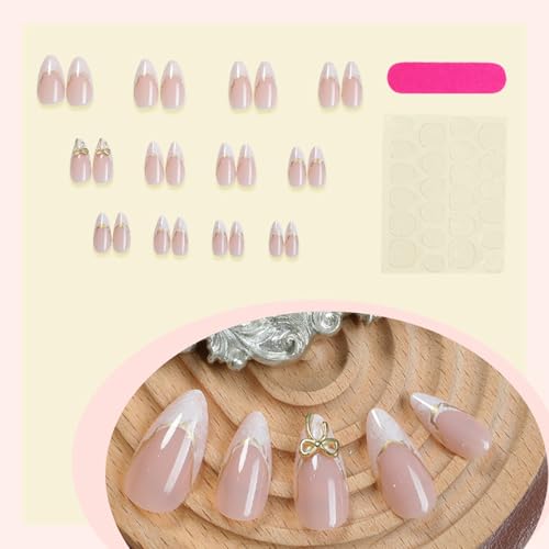Sutaozhi French Tip Summer Nails Kit - 12 Medium Almond Fake Nails with 3D Bow & Gold Line Design, Glue-On False Nails for Women, 24Pcs