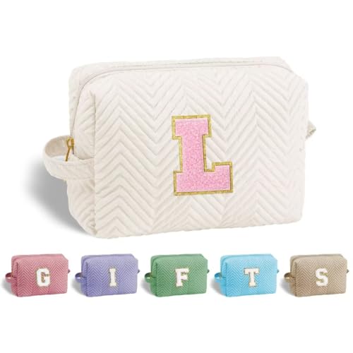 YOOLIFE White L Initial Makeup Bag for Girls - Personalized Gift, Travel Toiletry Organizer