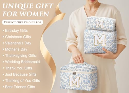 Tiblue Personalized Initial Quilted Makeup Bag Set - 3-Piece Cosmetic Organizer