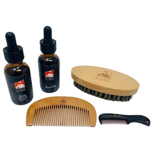 G.B.S All Natural Beard Grooming Set with Oil, Wooden Comb, and Brush