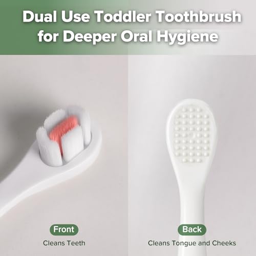 Haakaa Dinosaur Toothbrush for Kids 2-4 - Pink 2 Count with Silicone No-Slip Handle, Tongue Cleaner