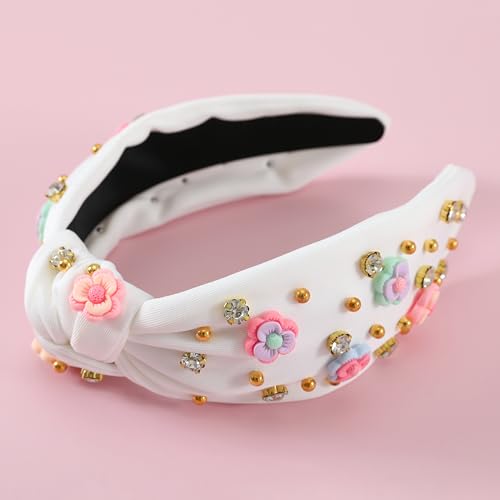 B-White Floral Knotted Headband for Women | Sparkly Beaded Hair Accessory