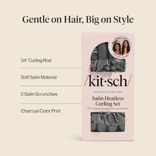Kitsch Charcoal Satin Heatless Curling Set - Overnight Hair Rollers & Scrunchies