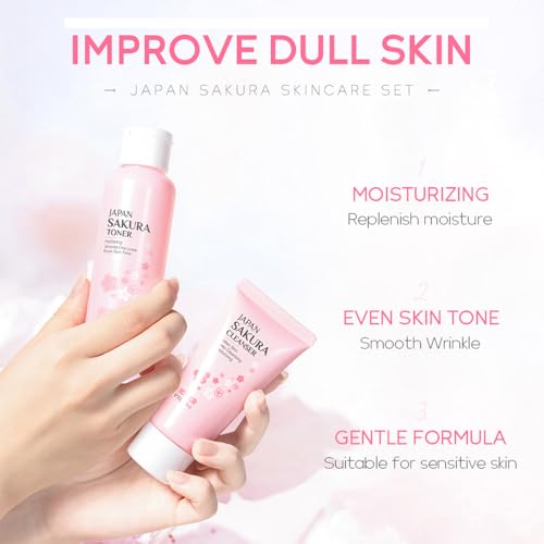 Yasovigi Sakura Skincare Set for Teens & Women - Travel-Friendly 5-Piece Kit with Cleanser, Toner, Serum, Eye & Face Cream