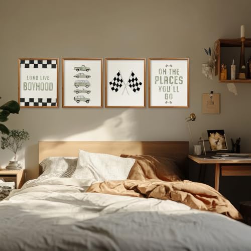 Sage Green Race Car Wall Art Prints Set of 4 for Boys