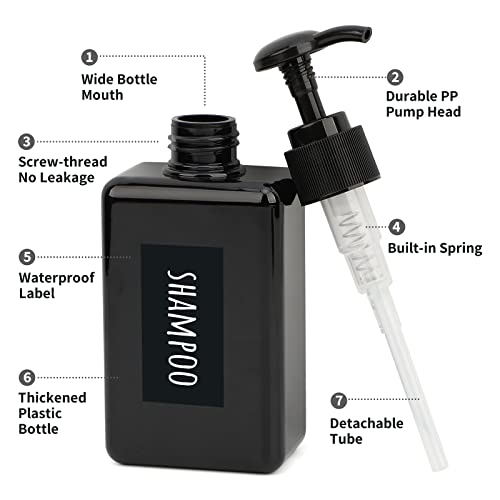Segbeauty 4pcs Black Small Lotion Dispenser Set - 200ml Refillable Shampoo Pump Bottles with Waterproof Labels