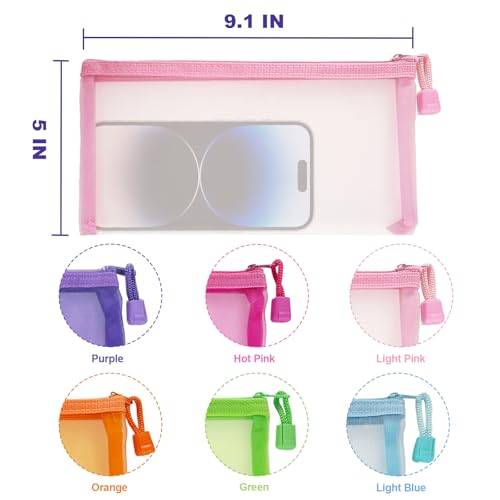 6 Pack Nylon Mesh Zipper Makeup Pouches - Travel Organizer Bags
