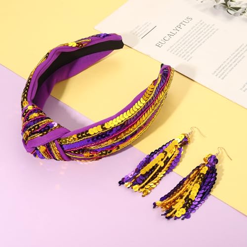 ARATLENCH Purple & Gold Sequin Game Day Headband with Top Knot for Football Fans
