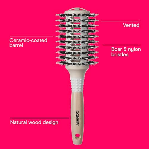 Conair Ceramic & Wood Round Hair Brush - Vented Barrel for Smooth Blowouts