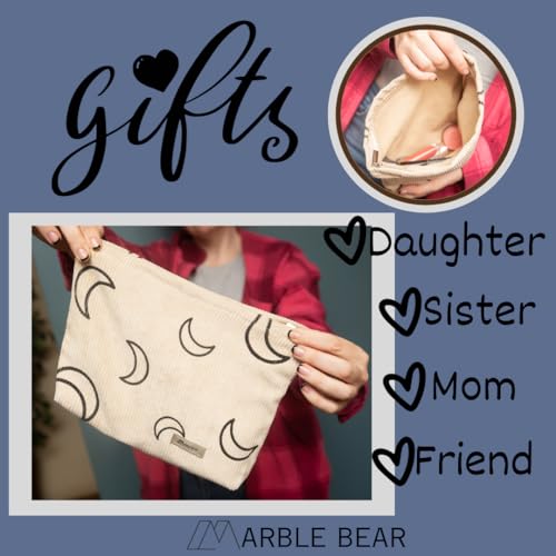 Beige Corduroy Moon Makeup Bag - Cute Boho Pouch for Teens