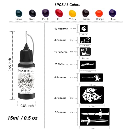 PFARRER 8 Bottles Color Temporary Tattoo Ink Kit with 105 Stencils for Body Art & Kids