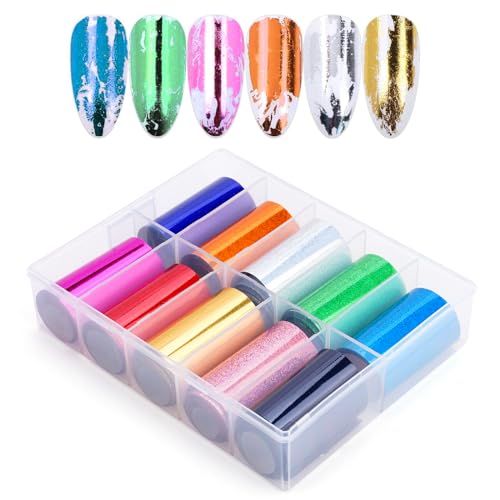 Yokilly Colorful Holographic Nail Art Foil Transfer Stickers - 10Pcs, 3D Self-Adhesive