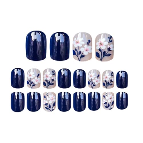 24pcs Dark Blue Daisy Press-On Nails for Spring Manicure