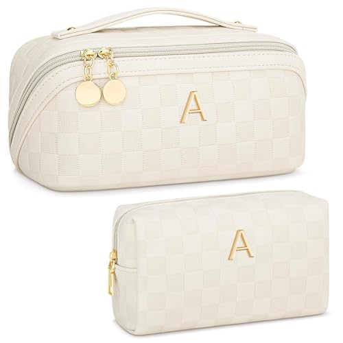 CLOUDWINGS Beige Initial Makeup Bag Set Travel Toiletry Organizer for Women