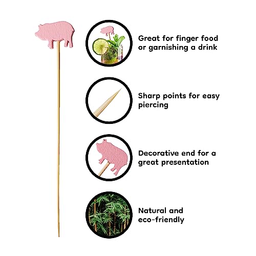 Pink Pig Bamboo Picks - 3.9" Decorative Toothpicks for Parties, 100 Pack