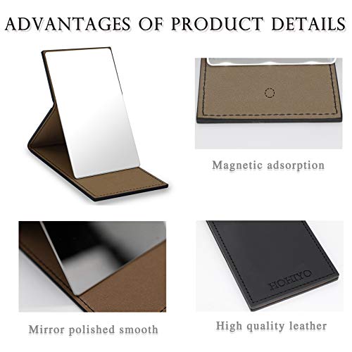 Black Compact Mirror - Unbreakable Stainless Steel Travel Mirror with Leather Case