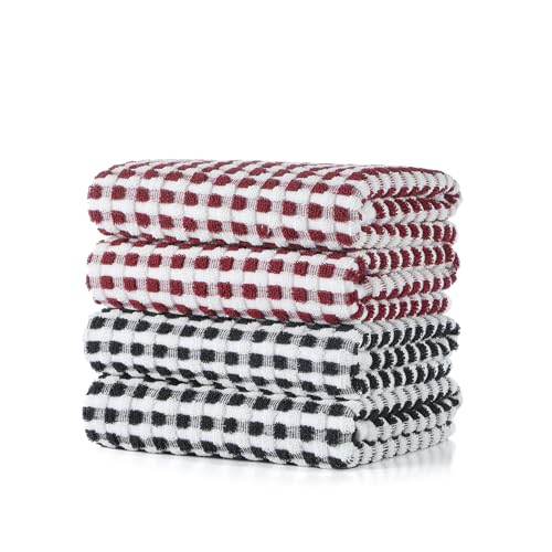 Cotton Kitchen Towels Set - Absorbent Dish Drying Cloths, 16" x 26", 4 Pack (Wine Red & Black)
