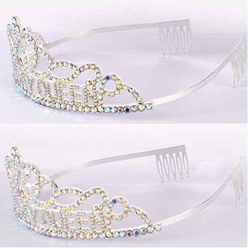 AB Silver Birthday Crown & Sash Set for Women - Rhinestone Tiara & Glitter Sash