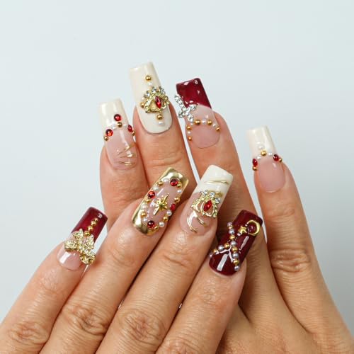 Tesytto Handmade Red Baroque Press on Nails, Medium Square Gothic Glue on Set