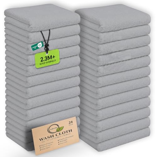 Softolle Silver Grey Cotton Washcloths 24 Pack - Soft, Absorbent Face & Body Towels