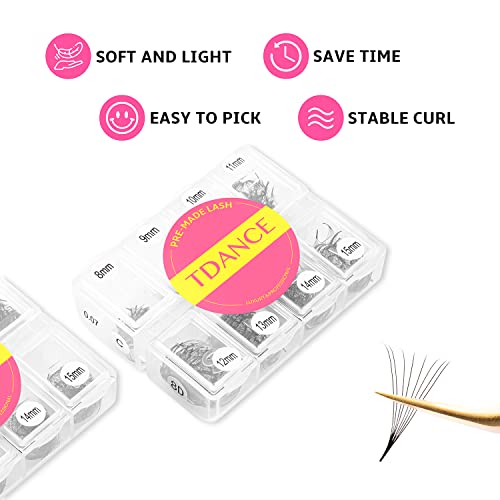 TDANCE Premade Eyelash Fans 600 Count, 8-15mm, 10D, C/D Curl