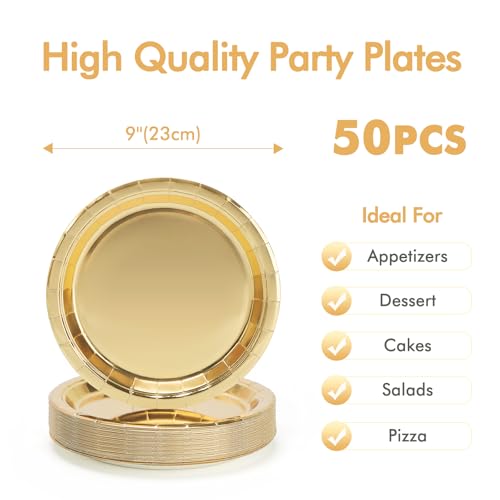 Gold Disposable Paper Plates - 50 Pcs 9 Inch Dinner Plates Set