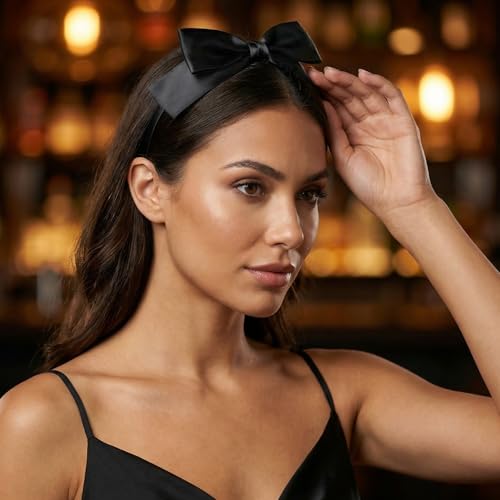 HINZIC Black Satin Bow Headband for Women - Non-Slip Design