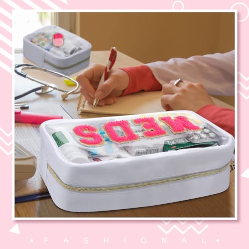 Hillban 2-Piece Preppy Chenille Letter Medicine Bag Set, Clear Travel Organizer