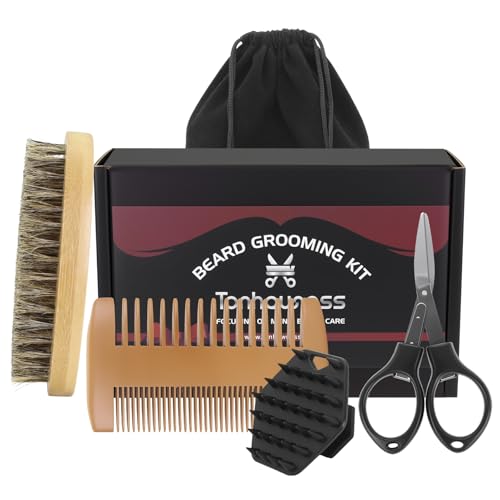 Tonhawness 5-in-1 Beard Grooming Kit with Boar Bristle Brush, Wooden Comb, Scissors & Cleaning Brushes