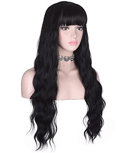 AMZCOS 30-Inch Long Wavy Black Wig with Bangs - Heat Resistant Synthetic