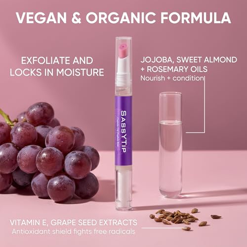 Cuticle Oil Pusher Pen 2-in-1 Clean & Moisturize | Removes Dead Skin & Dirt from Nail Edges | Nourishing Jojoba & Almond Oils | At-Home or On-the-Go Manicure for Women & Men (Grape)