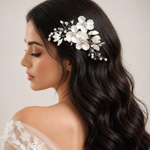CASOLVX White Pearl Flower Bridal Hair Clip with Rhinestone Silver Leaves