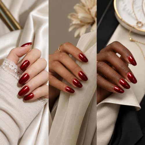 MKM Short Oval Reusable Press On Nails - Glossy Ruby Red Full Cover Fake Nails Kit for Women