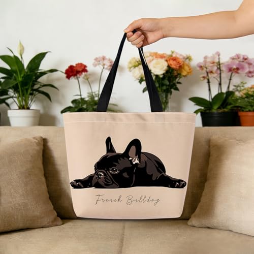 French Bulldog Tote Bag - Reusable Shopping Handbag with Zipper Pocket